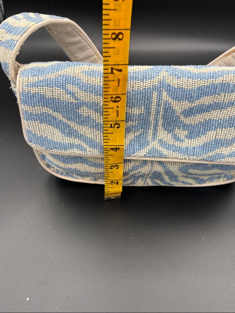 STAUD Tommy Beaded Shoulder Bag - Blue & White - Interior Strap is Peeling Some - Picture 9 of 13
